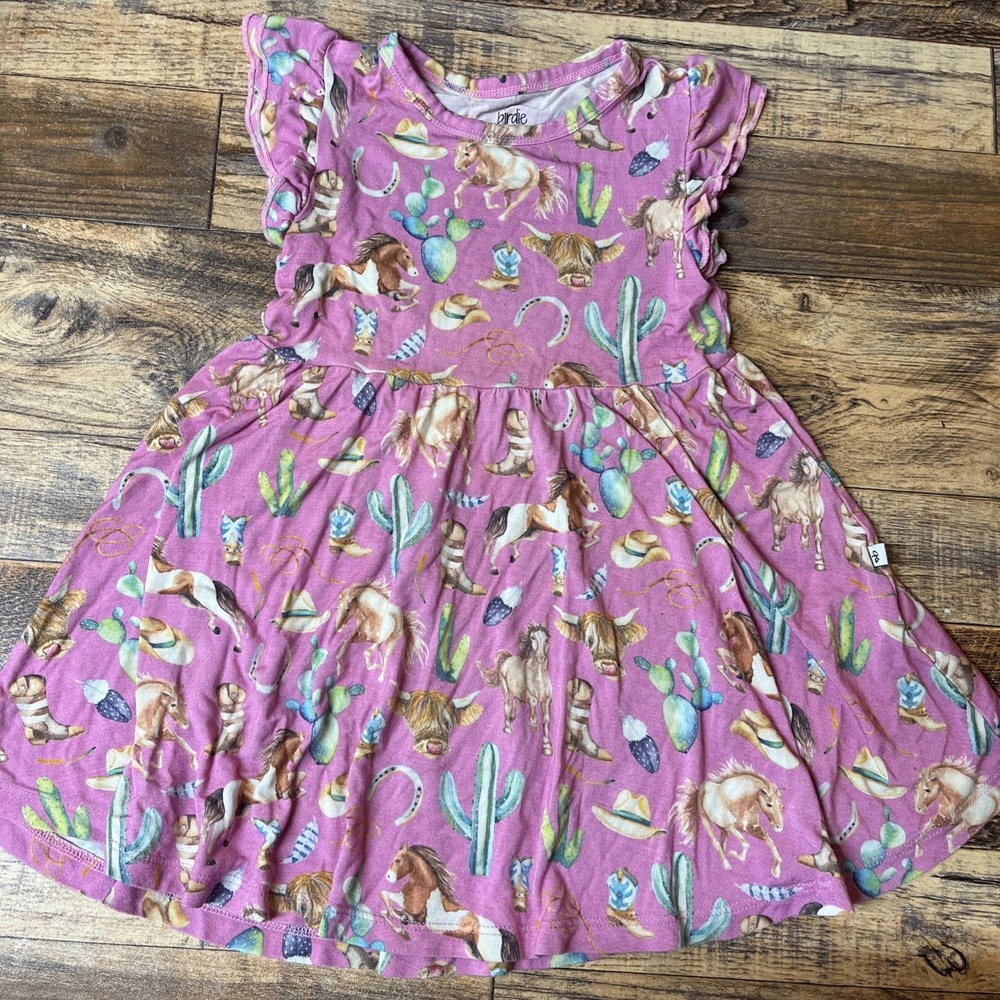 Birdie Bean Bamboo Dress‎ Toddler Girls 3T Western Horse Cow Ruffle Sleeve